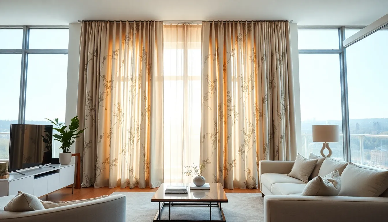 elegant living room with Dusk By Design curtains filtering light.