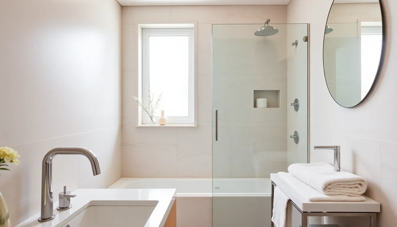 modern bathroom showcasing stylish and functional decor elements.