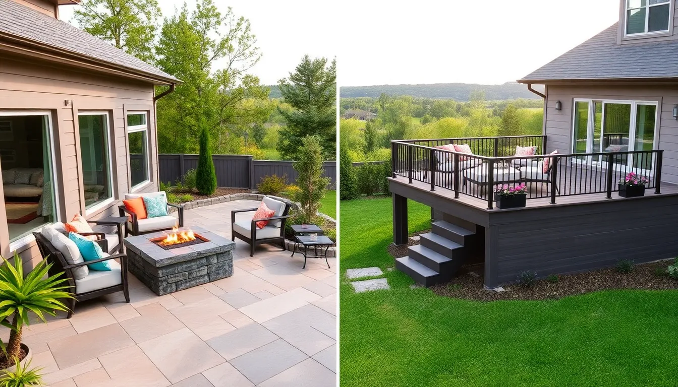 a modern patio and deck setup in a backyard.