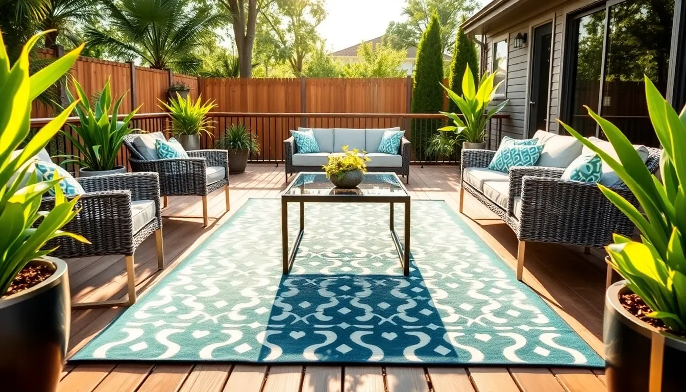stylish outdoor deck featuring a vibrant rug and modern furniture.